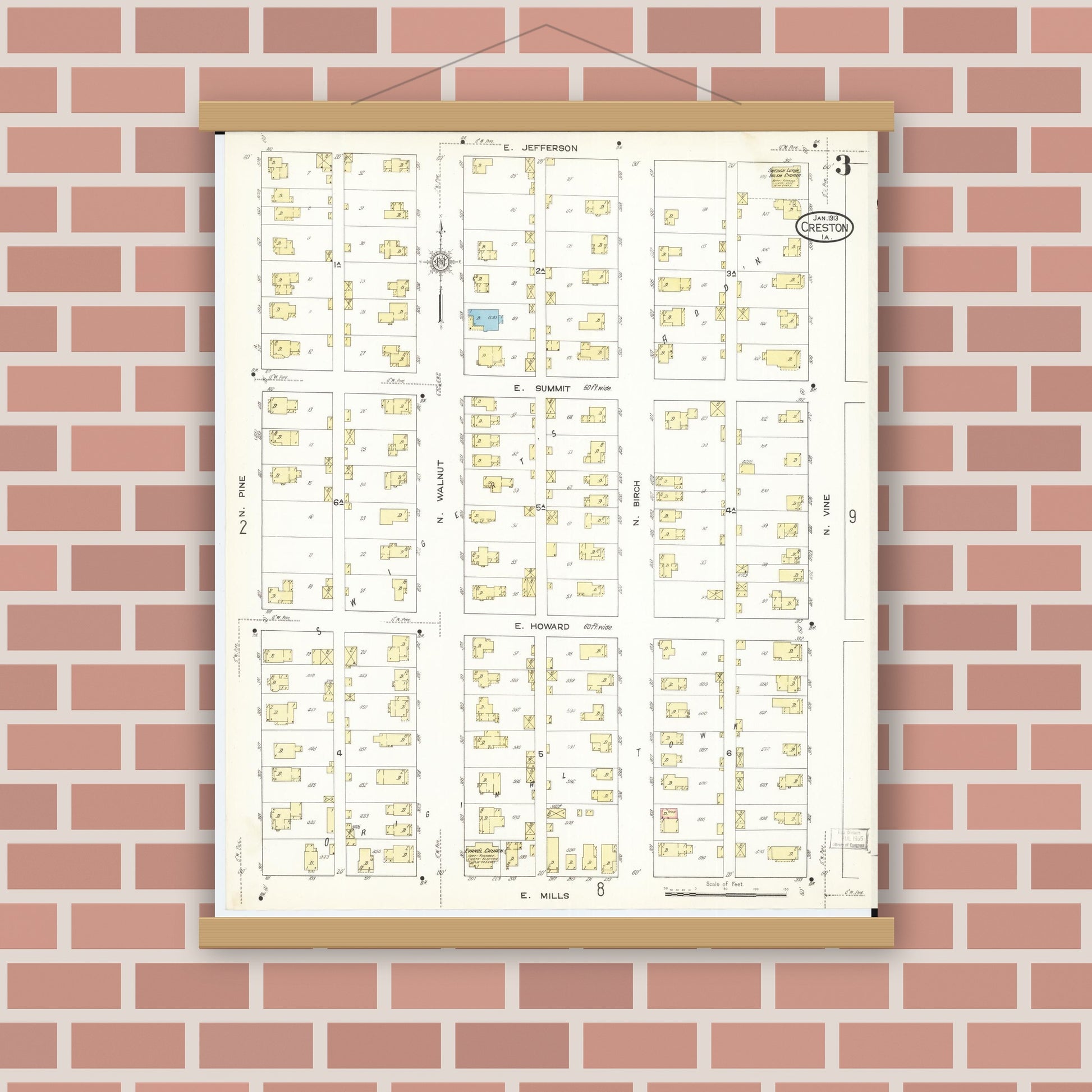 Old map wall art mockup — magnetic wood frame on brick wall — Sanborn Fire Insurance Map from Creston, Union County, Iowa (1913), Sheet #0003