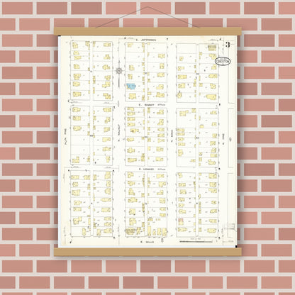 Old map wall art mockup — magnetic wood frame on brick wall — Sanborn Fire Insurance Map from Creston, Union County, Iowa (1913), Sheet #0003