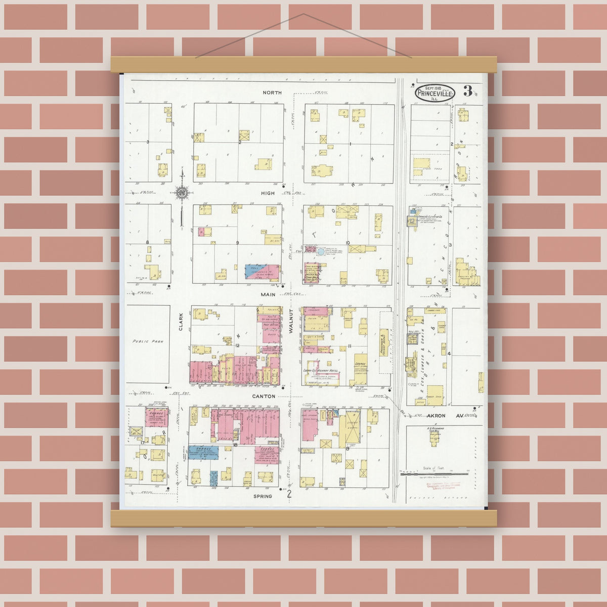 Old map wall art mockup — magnetic wood frame on brick wall — Sanborn Fire Insurance Map from Princeville, Peoria County, Illinois (1918), Sheet #0003