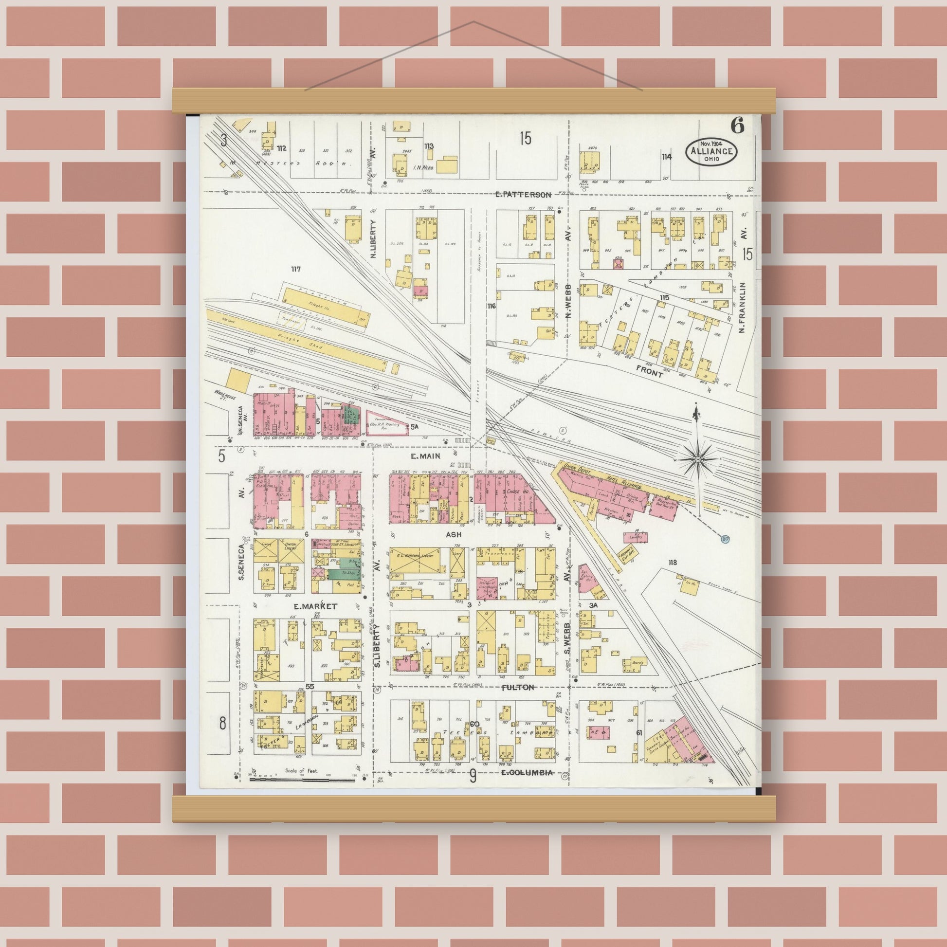 Old map wall art mockup — magnetic wood frame on brick wall — Sanborn Fire Insurance Map from Alliance, Stark County, Ohio (1904), Sheet #0006