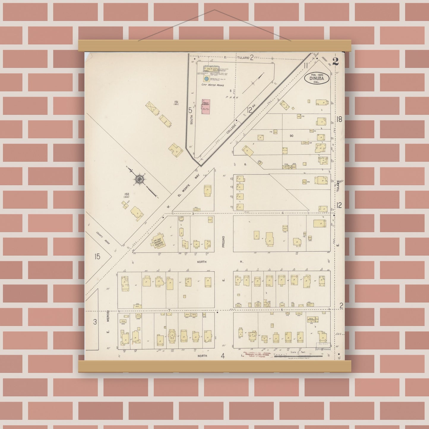 Old map wall art mockup — magnetic wood frame on brick wall — Sanborn Fire Insurance Map from Dinuba, Tulare County, California (1920), Sheet #0002