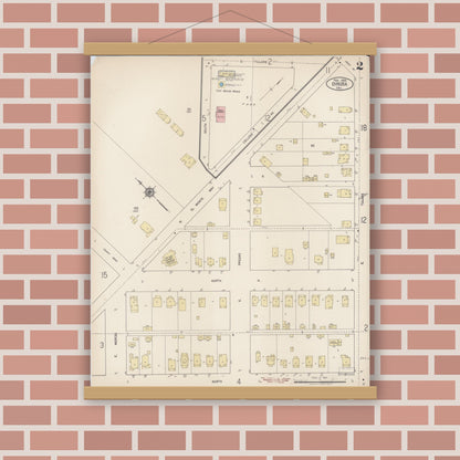 Old map wall art mockup — magnetic wood frame on brick wall — Sanborn Fire Insurance Map from Dinuba, Tulare County, California (1920), Sheet #0002