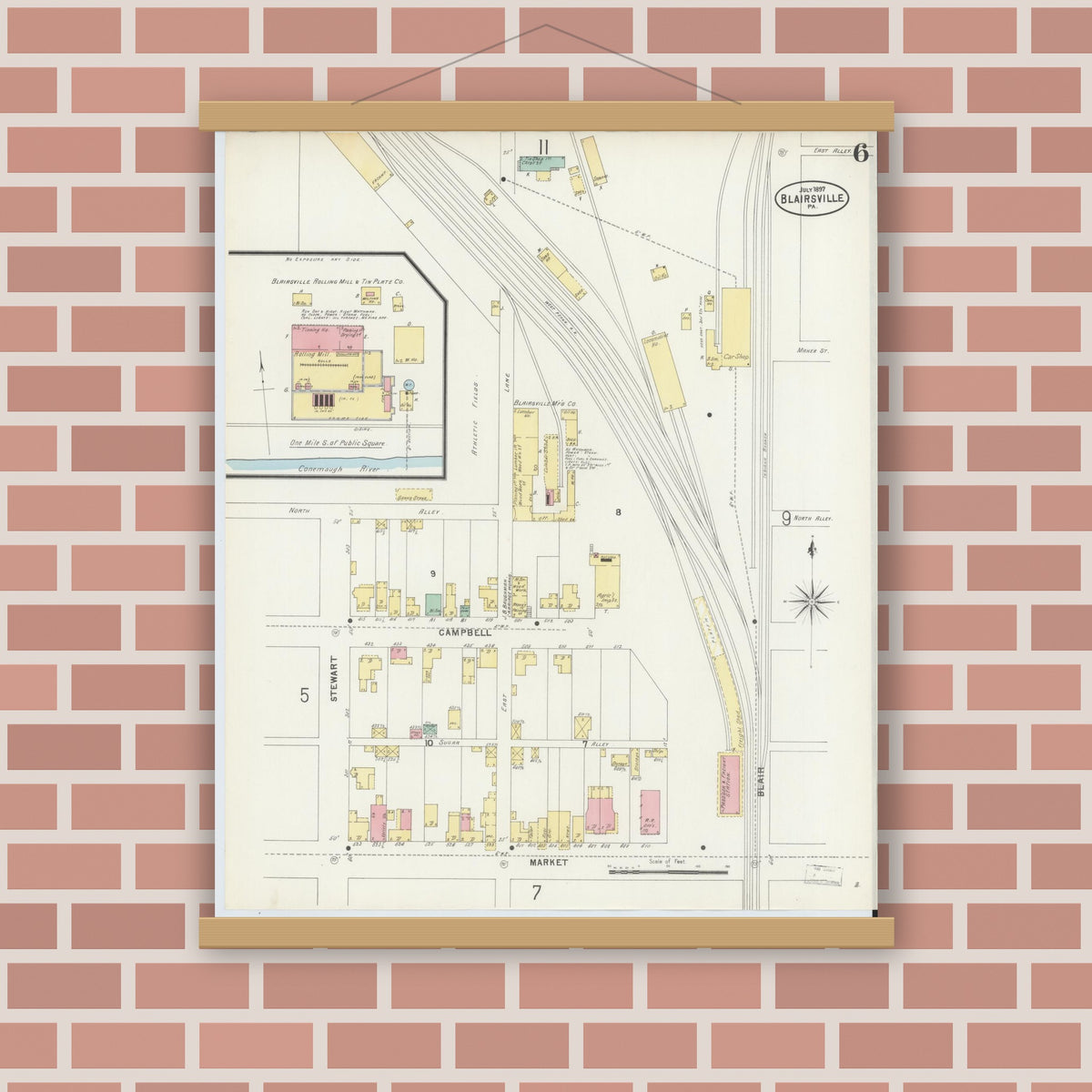 Old map wall art mockup — magnetic wood frame on brick wall — Sanborn Fire Insurance Map from Blairsville, Indiana County, Pennsylvania (1897), Sheet #0006
