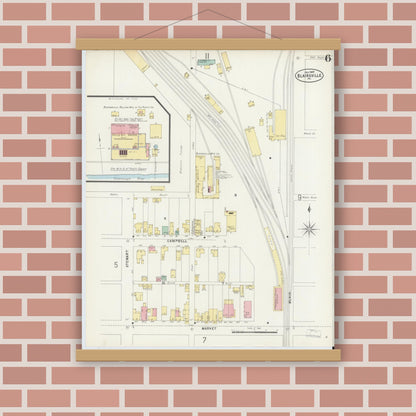 Old map wall art mockup — magnetic wood frame on brick wall — Sanborn Fire Insurance Map from Blairsville, Indiana County, Pennsylvania (1897), Sheet #0006
