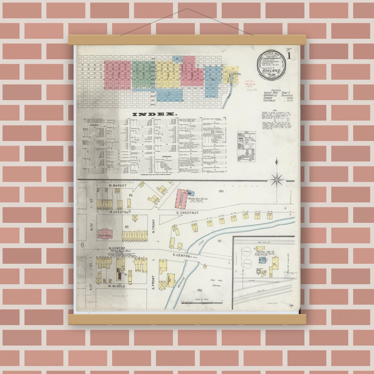 Old map wall art mockup — magnetic wood frame on brick wall — Sanborn Fire Insurance Map from Ashland, Schuylkill County, Pennsylvania (1896), Sheet #0001