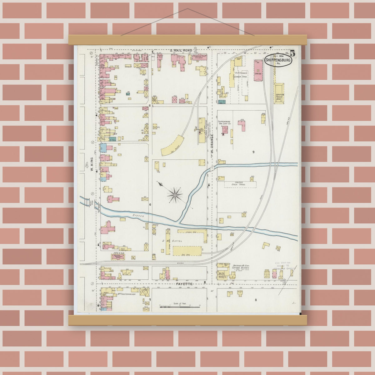 Old map wall art mockup — magnetic wood frame on brick wall — Sanborn Fire Insurance Map from Shippensburg, Cumberland And Franklin Counties, Pennsylvania (1894), Sheet #0005