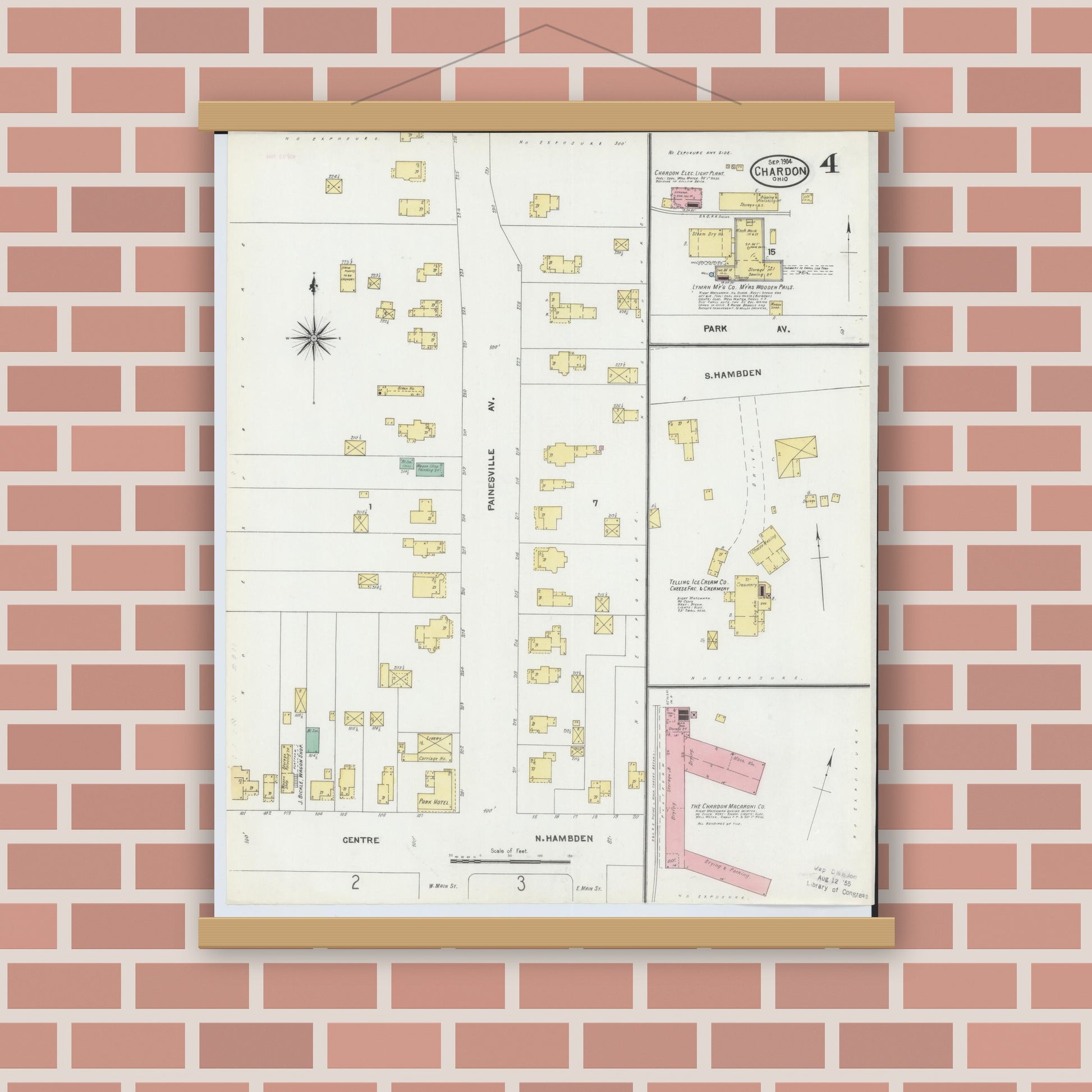 Old map wall art mockup — magnetic wood frame on brick wall — Sanborn Fire Insurance Map from Chardon, Geauga County, Ohio (1904), Sheet #0004