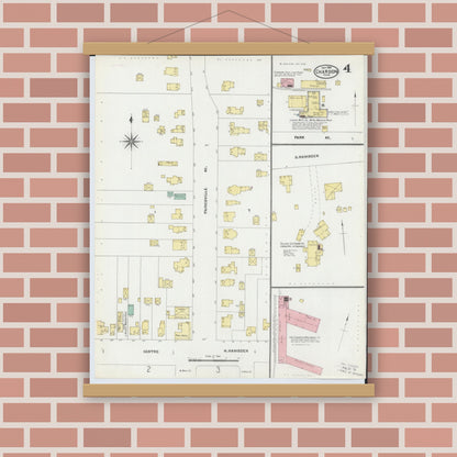 Old map wall art mockup — magnetic wood frame on brick wall — Sanborn Fire Insurance Map from Chardon, Geauga County, Ohio (1904), Sheet #0004