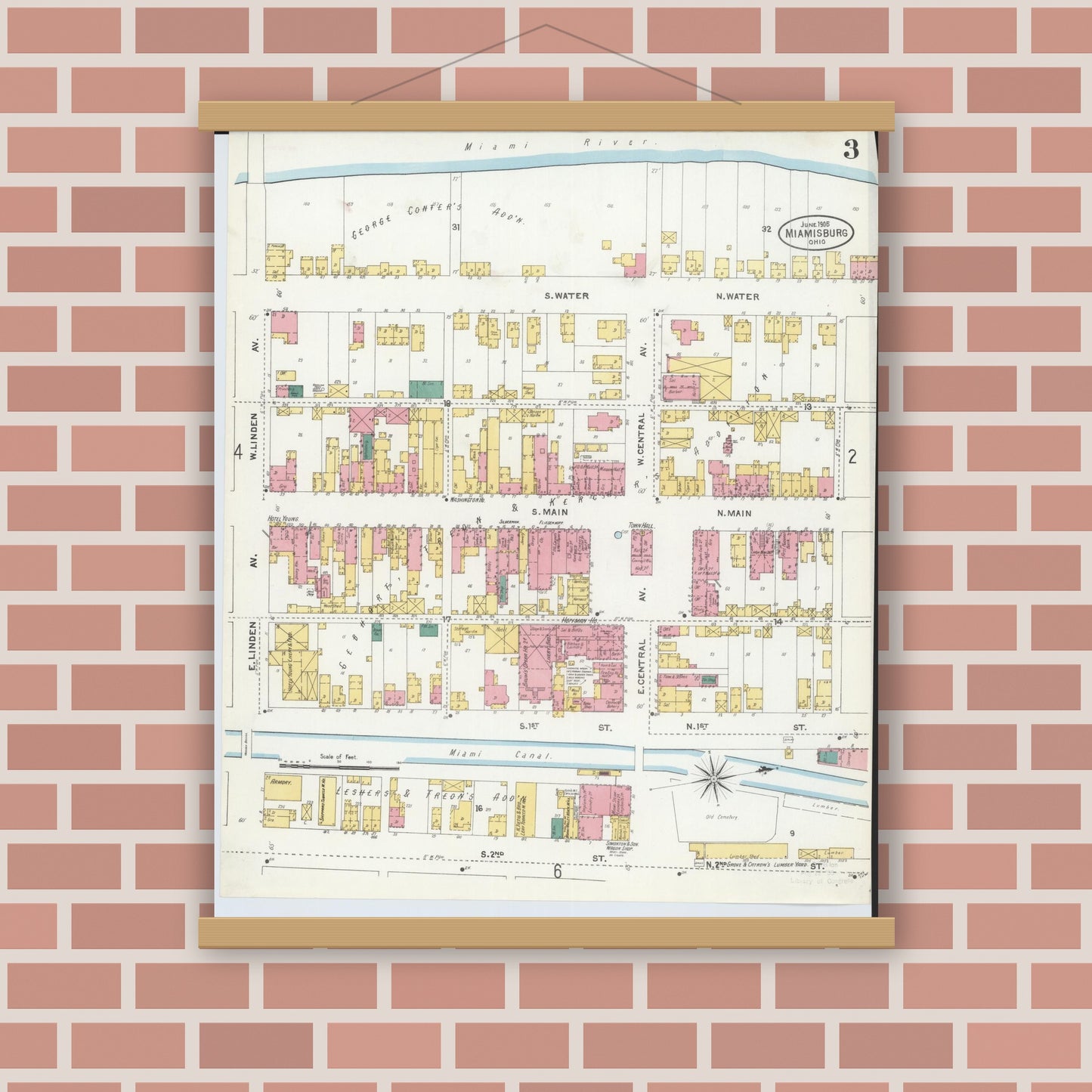 Old map wall art mockup — magnetic wood frame on brick wall — Sanborn Fire Insurance Map from Miamisburg, Montgomery County, Ohio (1905), Sheet #0003