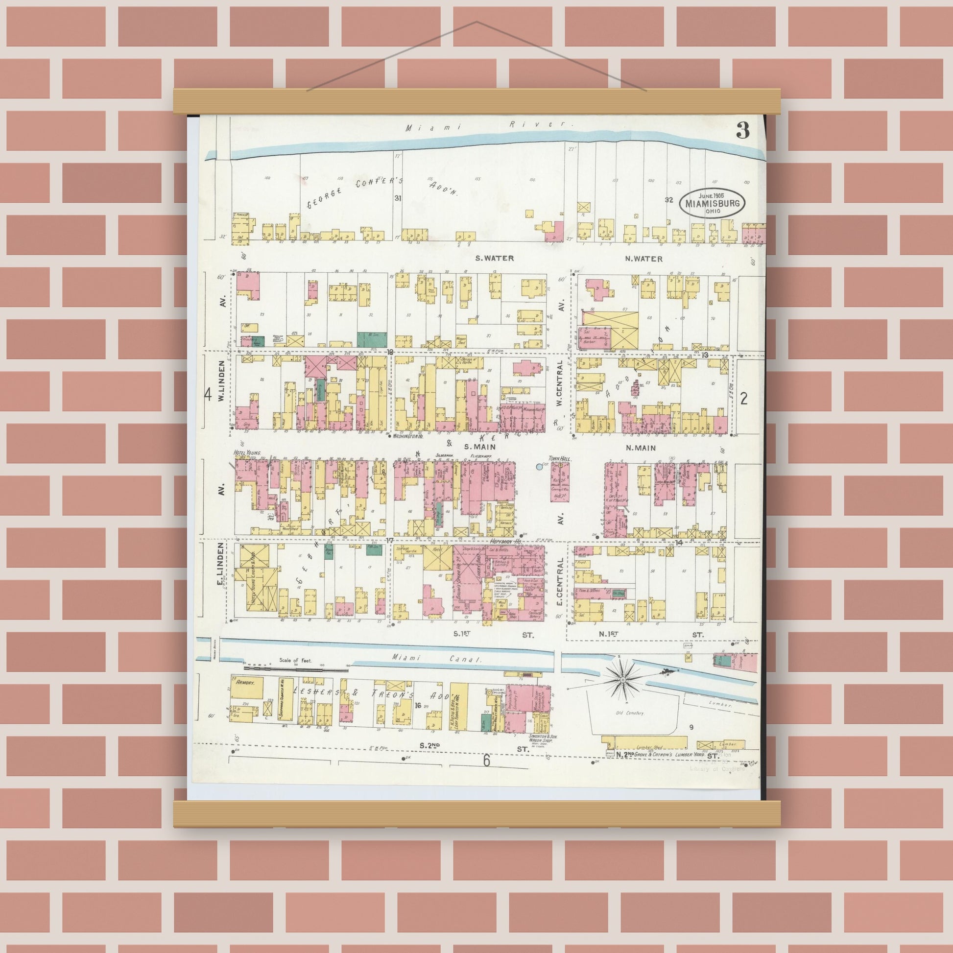 Old map wall art mockup — magnetic wood frame on brick wall — Sanborn Fire Insurance Map from Miamisburg, Montgomery County, Ohio (1905), Sheet #0003