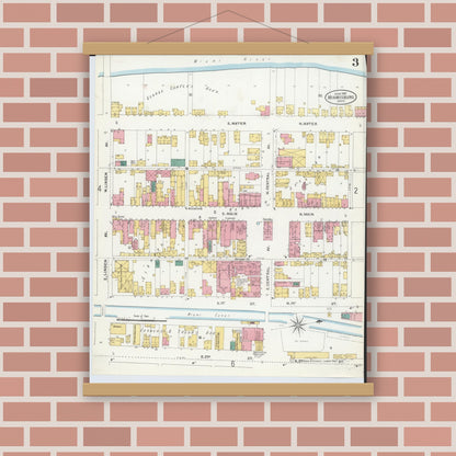 Old map wall art mockup — magnetic wood frame on brick wall — Sanborn Fire Insurance Map from Miamisburg, Montgomery County, Ohio (1905), Sheet #0003