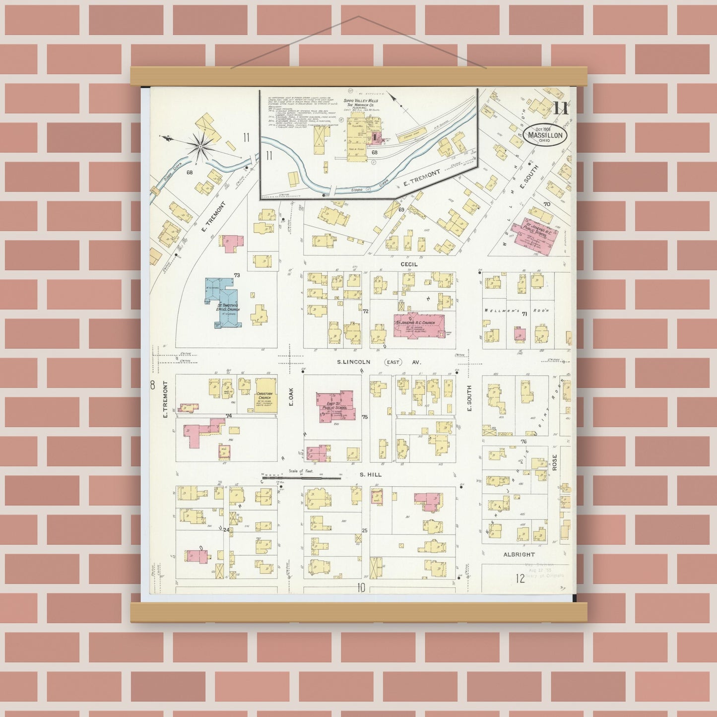 Old map wall art mockup — magnetic wood frame on brick wall — Sanborn Fire Insurance Map from Massillon, Stark County, Ohio (1908), Sheet #0011