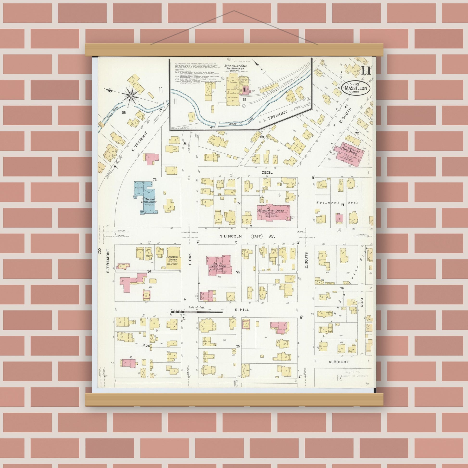 Old map wall art mockup — magnetic wood frame on brick wall — Sanborn Fire Insurance Map from Massillon, Stark County, Ohio (1908), Sheet #0011