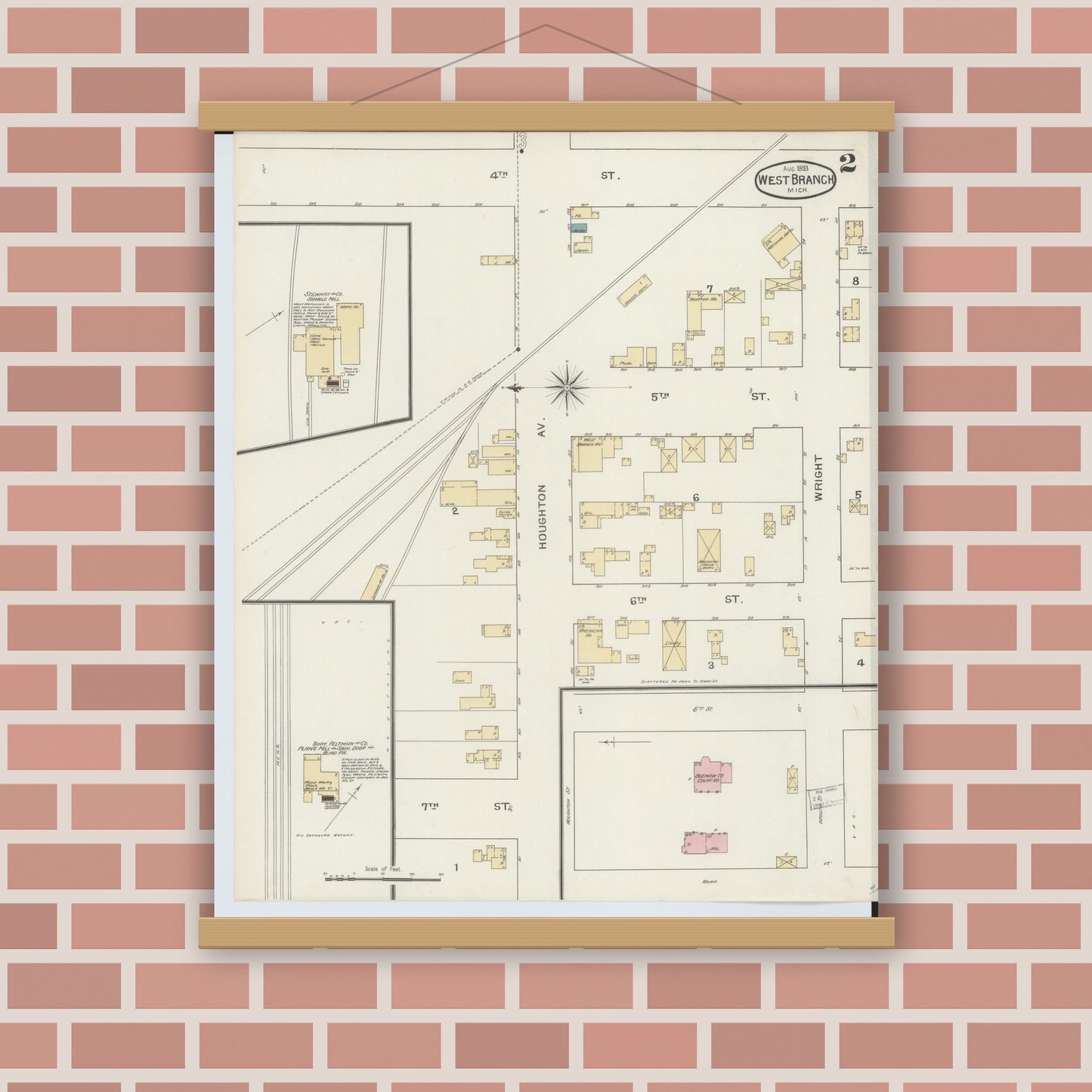 Old map wall art mockup — magnetic wood frame on brick wall — Sanborn Fire Insurance Map from West Branch, Ogemaw County, Michigan (1893), Sheet #0002