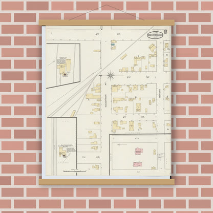 Old map wall art mockup — magnetic wood frame on brick wall — Sanborn Fire Insurance Map from West Branch, Ogemaw County, Michigan (1893), Sheet #0002