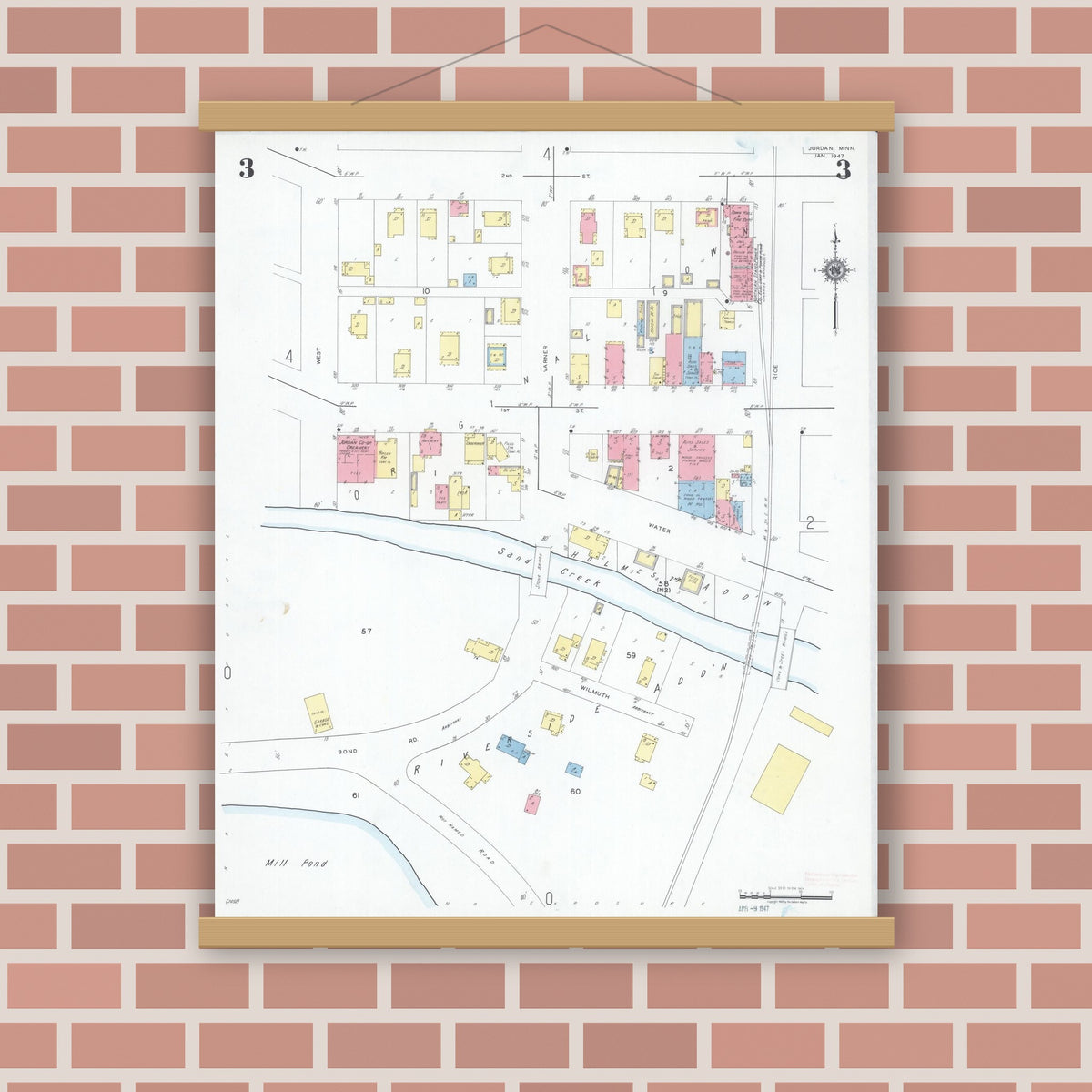 Old map wall art mockup — magnetic wood frame on brick wall — Sanborn Fire Insurance Map from Jordan, Scott County, Minnesota (1947), Sheet #0003