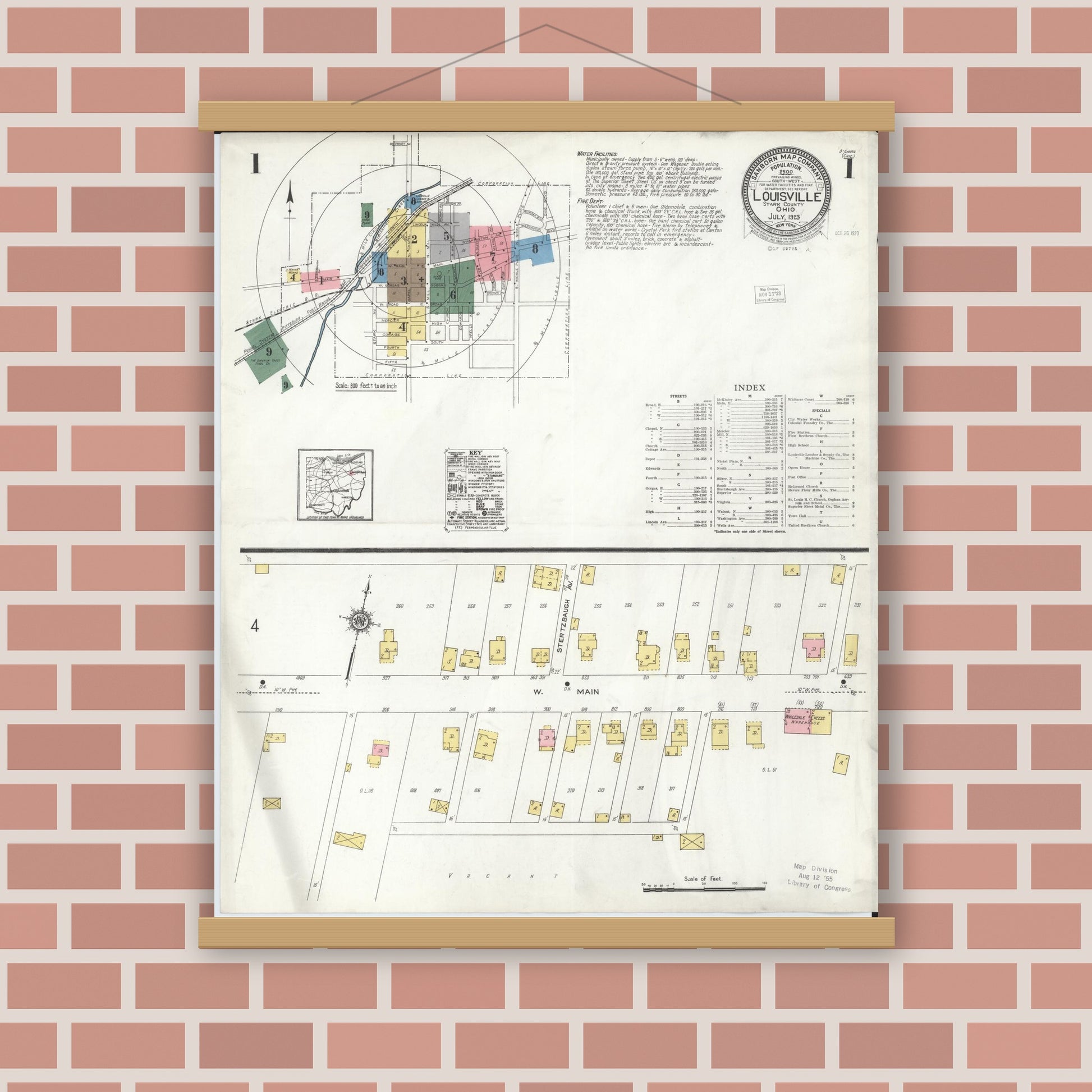 Old map wall art mockup — magnetic wood frame on brick wall — Sanborn Fire Insurance Map from Louisville, Stark County, Ohio (1923) - Complete Map Set