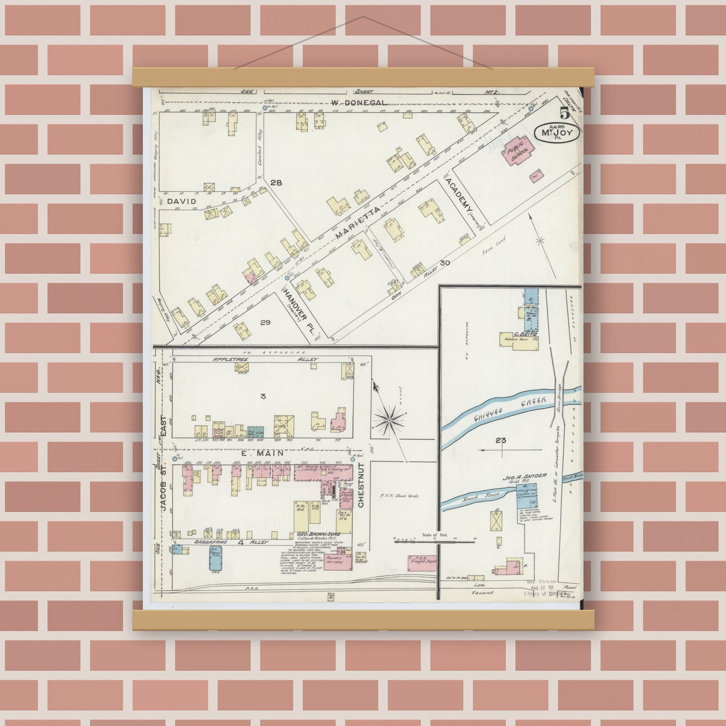 Old map wall art mockup — magnetic wood frame on brick wall — Sanborn Fire Insurance Map from Mount Joy, Lancaster County, Pennsylvania (1891), Sheet #0005