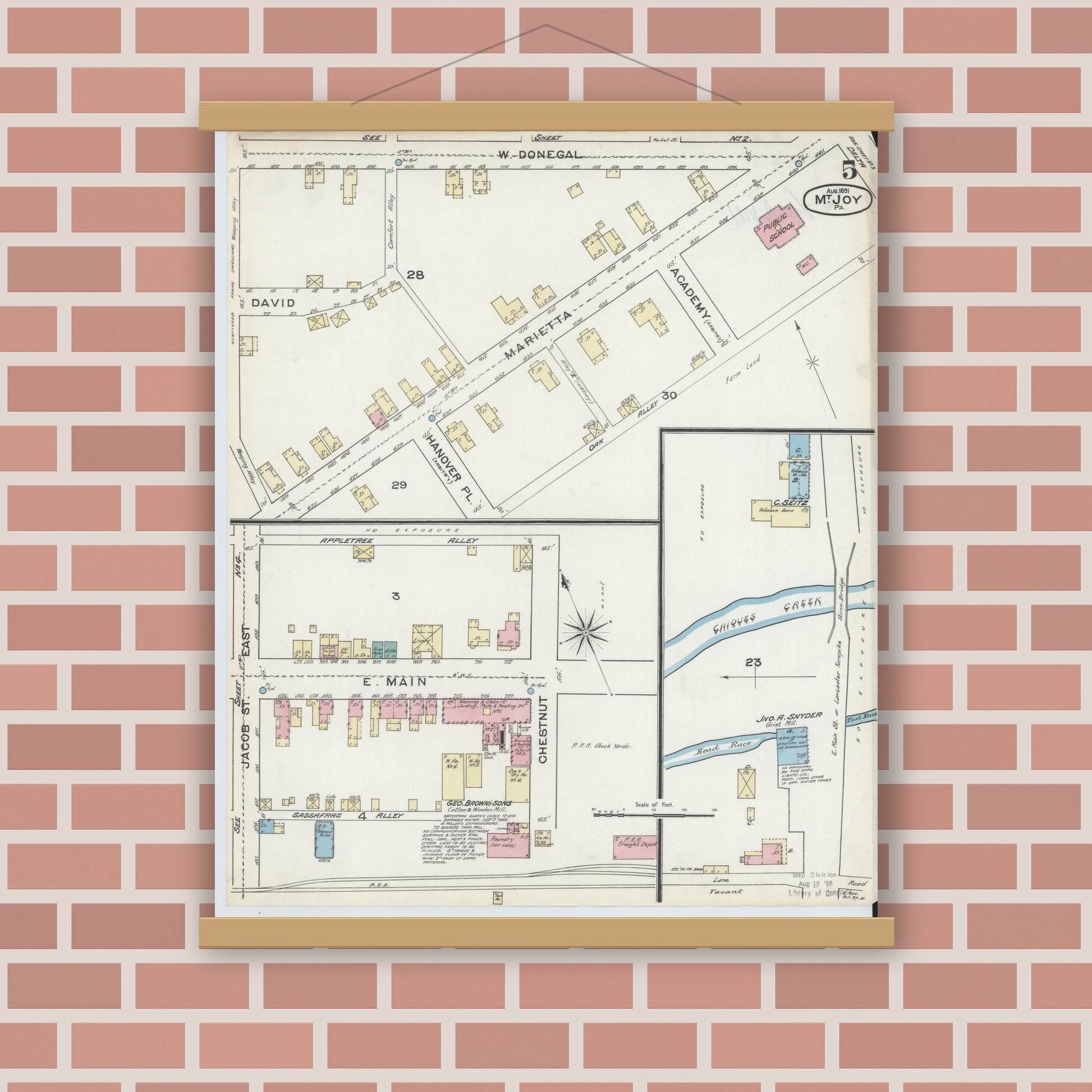 Old map wall art mockup — magnetic wood frame on brick wall — Sanborn Fire Insurance Map from Mount Joy, Lancaster County, Pennsylvania (1891), Sheet #0005