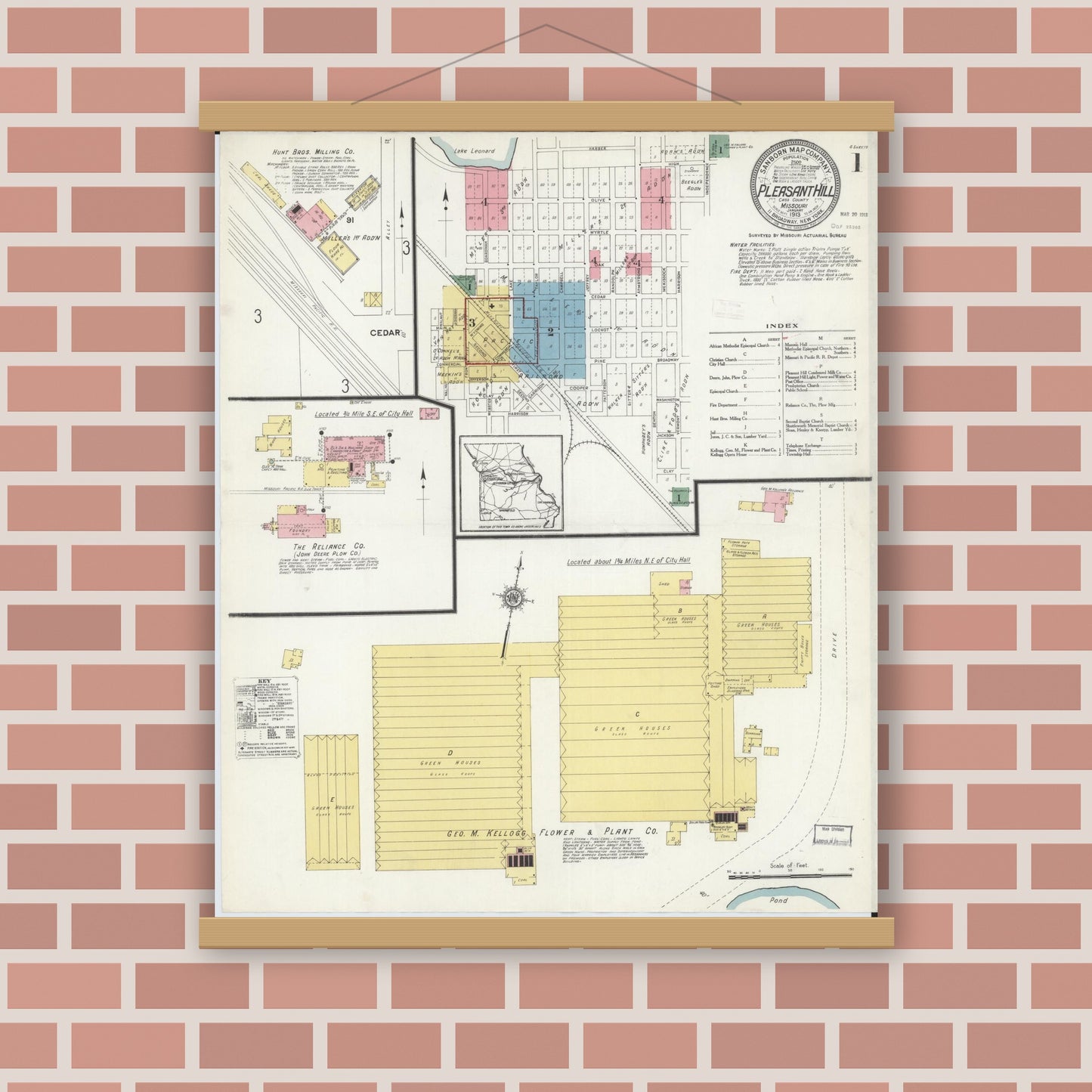 Old map wall art mockup — magnetic wood frame on brick wall — Sanborn Fire Insurance Map from Pleasant Hill, Cass County, Missouri (1913) - Complete Map Set