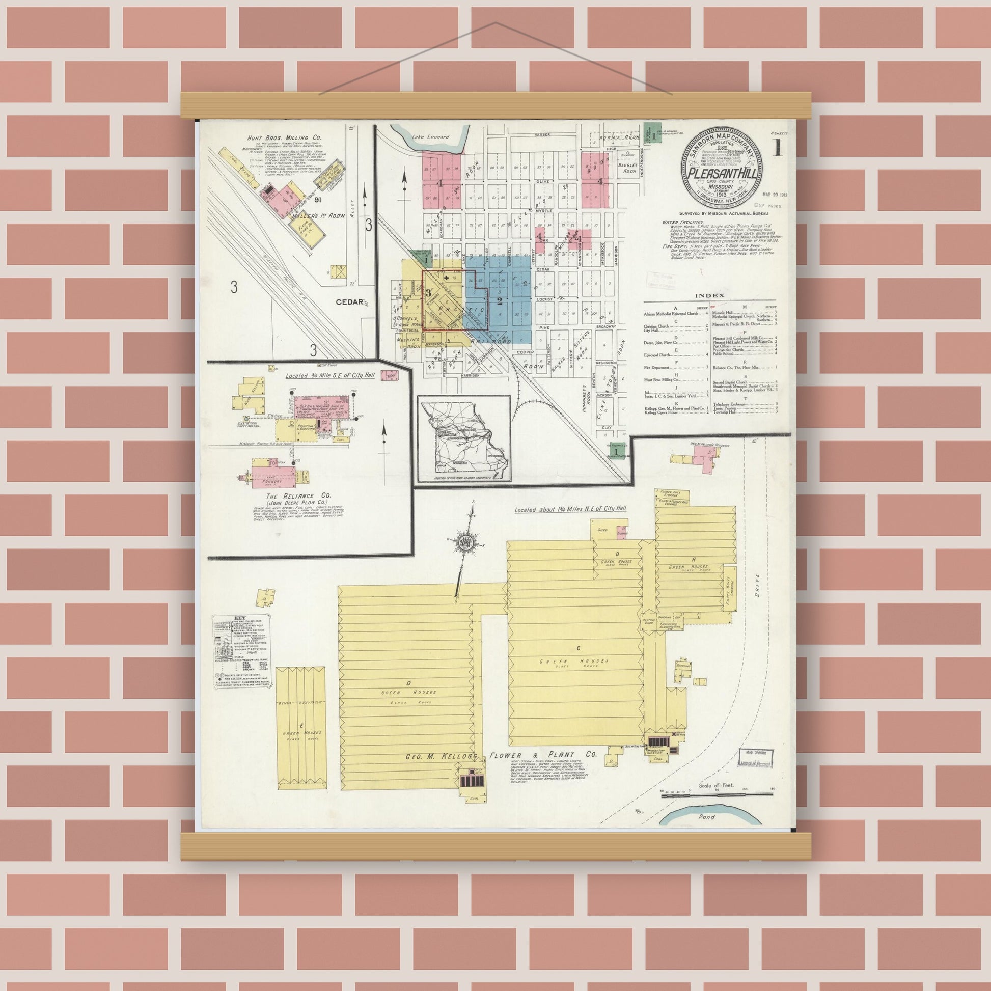 Old map wall art mockup — magnetic wood frame on brick wall — Sanborn Fire Insurance Map from Pleasant Hill, Cass County, Missouri (1913) - Complete Map Set