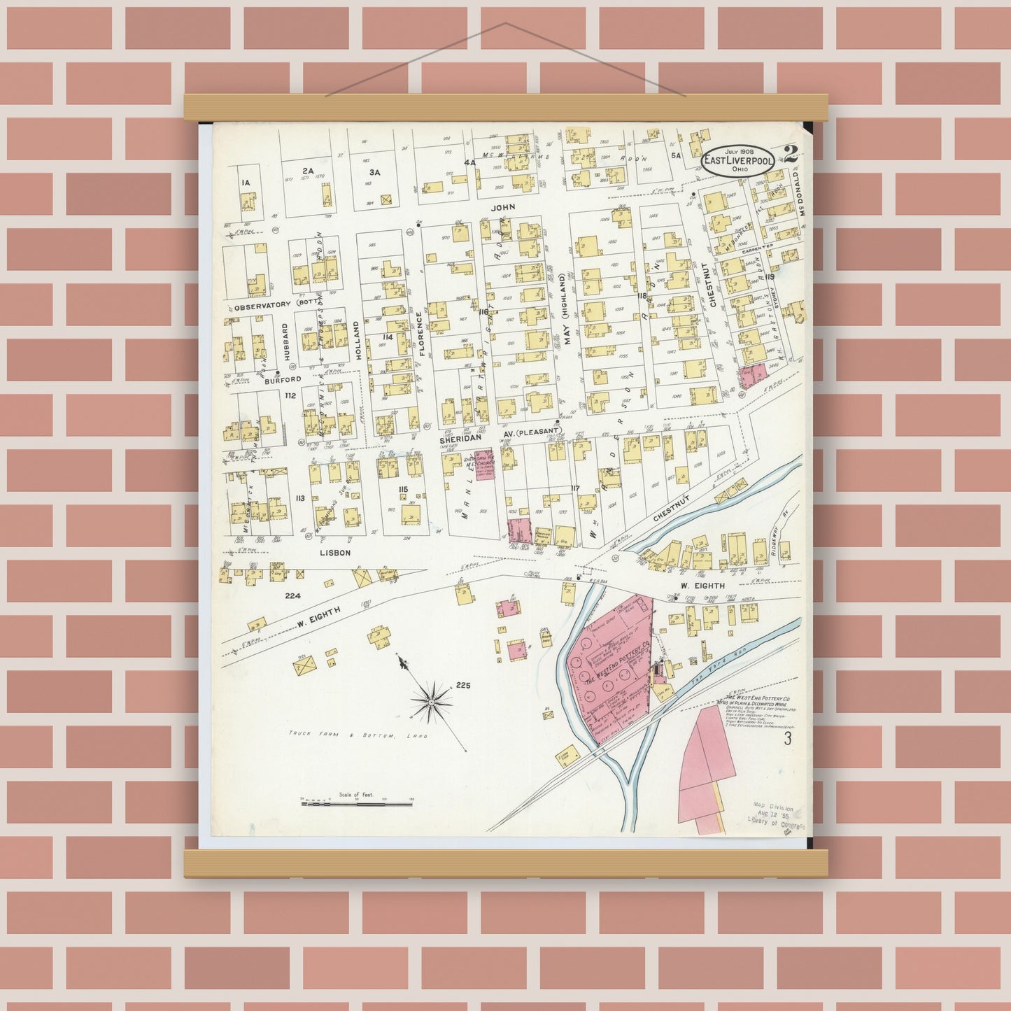 Old map wall art mockup — magnetic wood frame on brick wall — Sanborn Fire Insurance Map from East Liverpool, Columbiana County, Ohio (1908), Sheet #0002