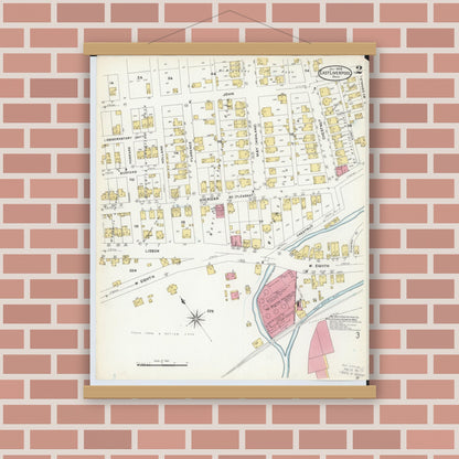Old map wall art mockup — magnetic wood frame on brick wall — Sanborn Fire Insurance Map from East Liverpool, Columbiana County, Ohio (1908), Sheet #0002