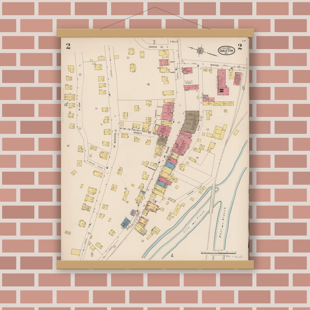 Old map wall art mockup — magnetic wood frame on brick wall — Sanborn Fire Insurance Map from Galeton, Potter County, Pennsylvania (1923), Sheet #0002