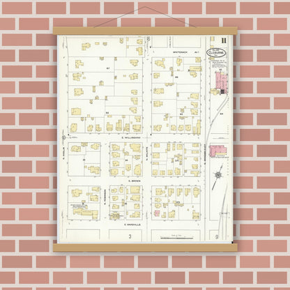 Old map wall art mockup — magnetic wood frame on brick wall — Sanborn Fire Insurance Map from Cleburne, Johnson County, Texas (1910), Sheet #0011