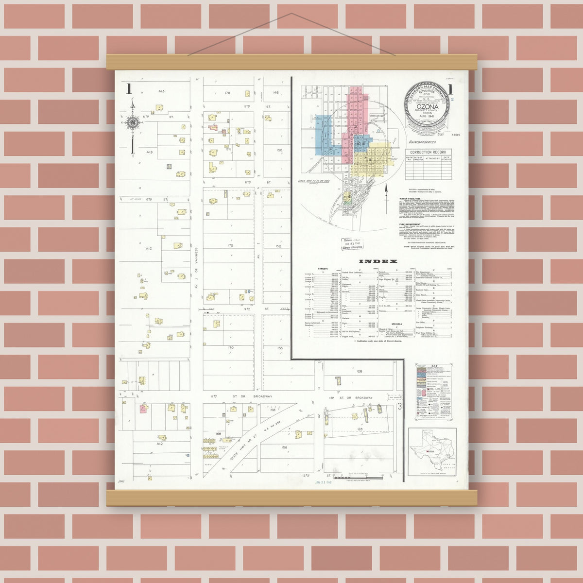 Old map wall art mockup — magnetic wood frame on brick wall — Sanborn Fire Insurance Map from Ozona, Crockett County, Texas (1941), Sheet #0001