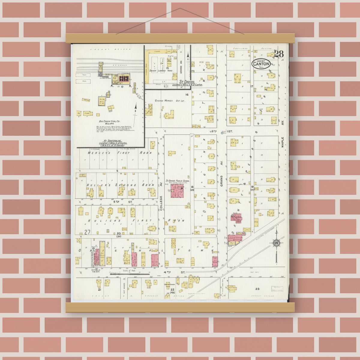 Old map wall art mockup — magnetic wood frame on brick wall — Sanborn Fire Insurance Map from Canton, Fulton County, Illinois (1917), Sheet #0028