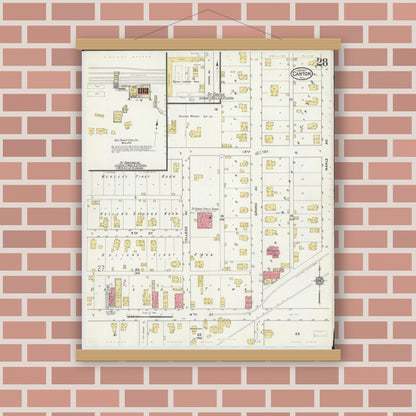 Old map wall art mockup — magnetic wood frame on brick wall — Sanborn Fire Insurance Map from Canton, Fulton County, Illinois (1917), Sheet #0028