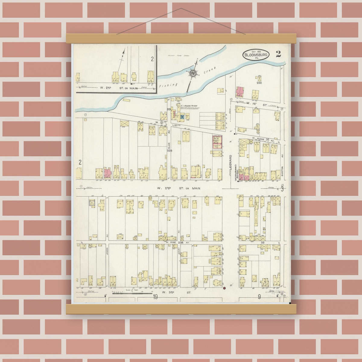Old map wall art mockup — magnetic wood frame on brick wall — Sanborn Fire Insurance Map from Bloomsburg, Columbia County, Pennsylvania (1913), Sheet #0002