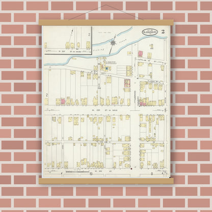 Old map wall art mockup — magnetic wood frame on brick wall — Sanborn Fire Insurance Map from Bloomsburg, Columbia County, Pennsylvania (1913), Sheet #0002