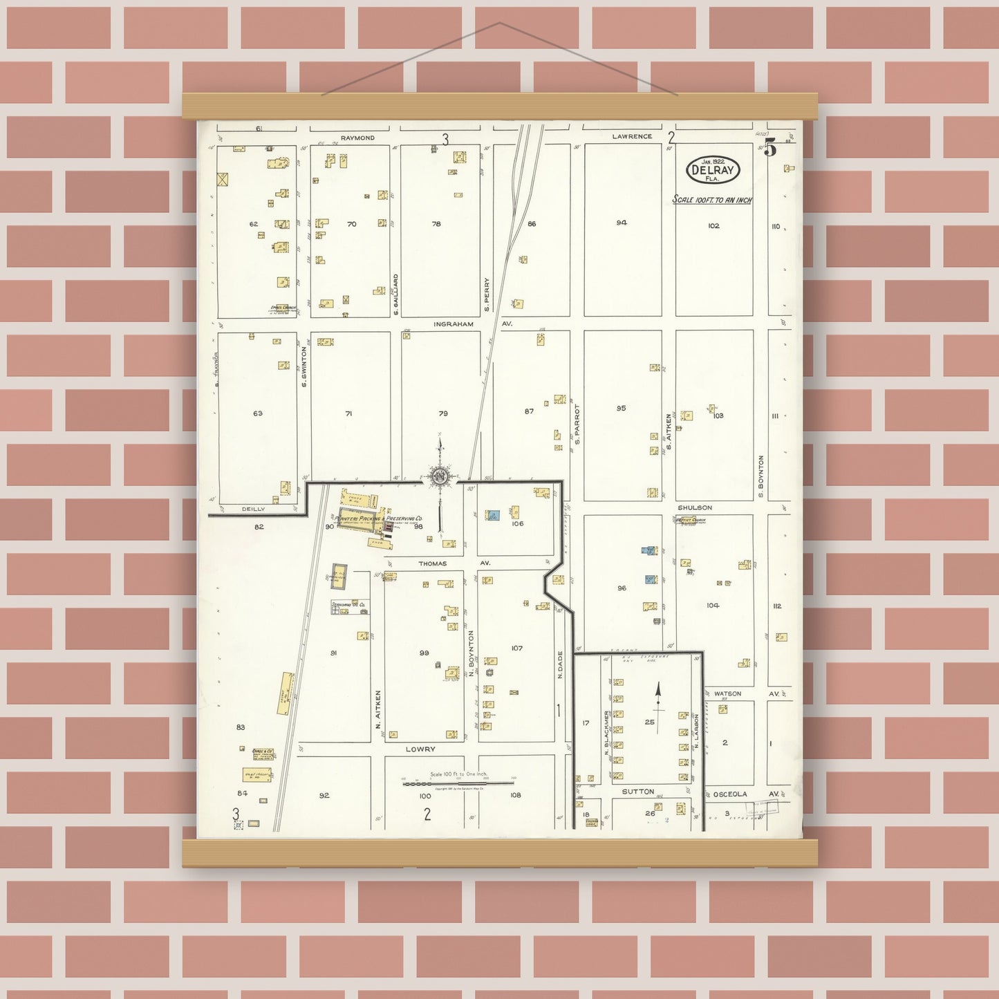 Old map wall art mockup — magnetic wood frame on brick wall — Sanborn Fire Insurance Map from Delray, Palm Beach County, Florida (1922), Sheet #0005