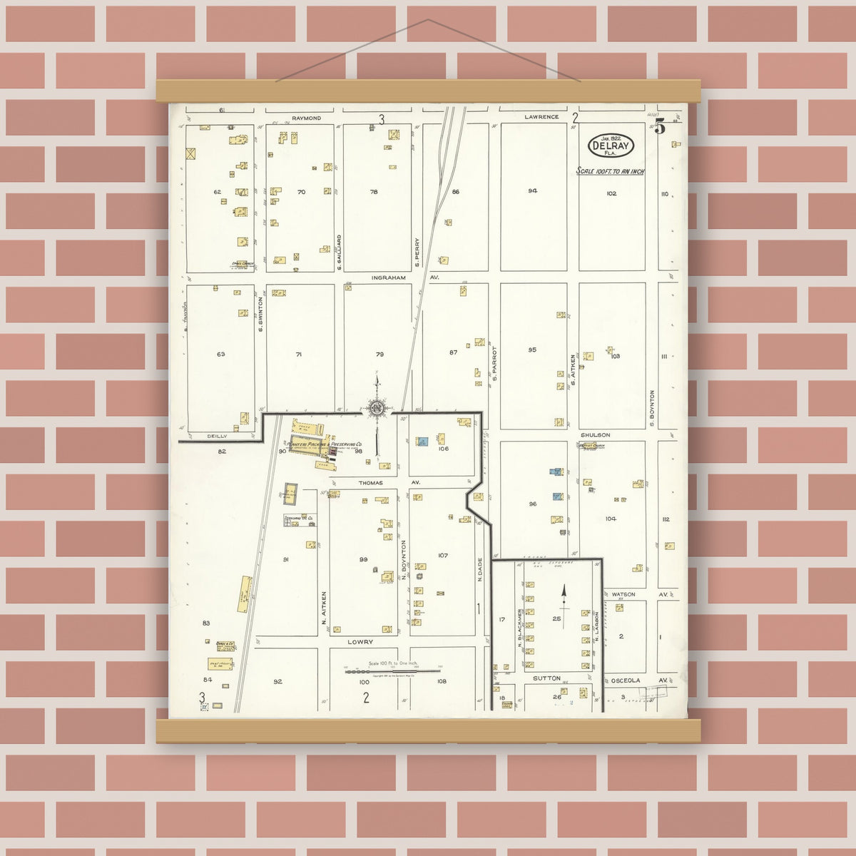 Old map wall art mockup — magnetic wood frame on brick wall — Sanborn Fire Insurance Map from Delray, Palm Beach County, Florida (1922), Sheet #0005