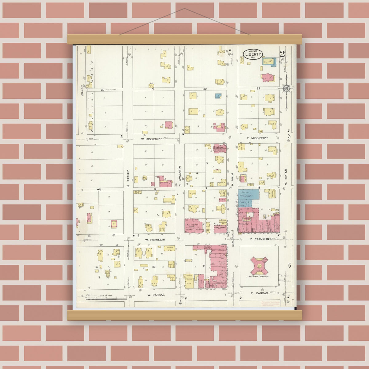 Old map wall art mockup — magnetic wood frame on brick wall — Sanborn Fire Insurance Map from Liberty, Clay County, Missouri (1913), Sheet #0002