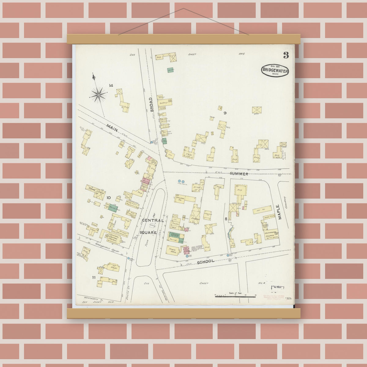 Old map wall art mockup — magnetic wood frame on brick wall — Sanborn Fire Insurance Map from Bridgewater, Plymouth County, Massachusetts (1891), Sheet #0003