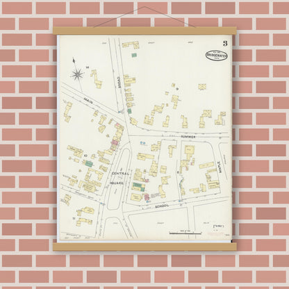Old map wall art mockup — magnetic wood frame on brick wall — Sanborn Fire Insurance Map from Bridgewater, Plymouth County, Massachusetts (1891), Sheet #0003