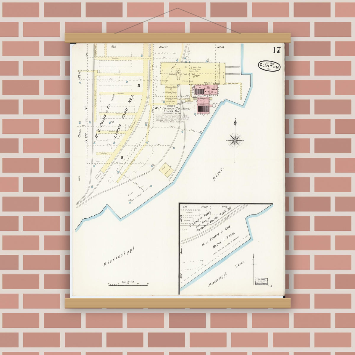 Old map wall art mockup — magnetic wood frame on brick wall — Sanborn Fire Insurance Map from Clinton, Clinton County, Iowa (1890), Sheet #0017