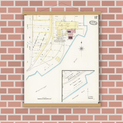 Old map wall art mockup — magnetic wood frame on brick wall — Sanborn Fire Insurance Map from Clinton, Clinton County, Iowa (1890), Sheet #0017