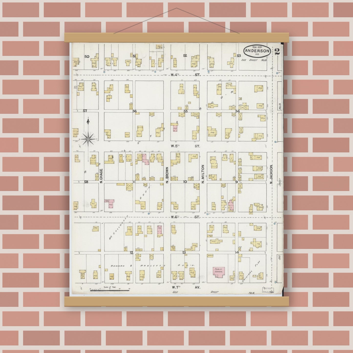 Old map wall art mockup — magnetic wood frame on brick wall — Sanborn Fire Insurance Map from Anderson, Madison County, Indiana (1890), Sheet #0002