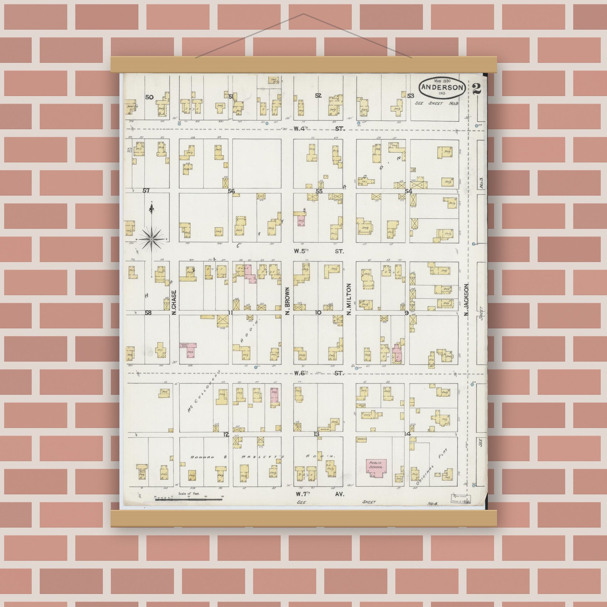 Old map wall art mockup — magnetic wood frame on brick wall — Sanborn Fire Insurance Map from Anderson, Madison County, Indiana (1890), Sheet #0002