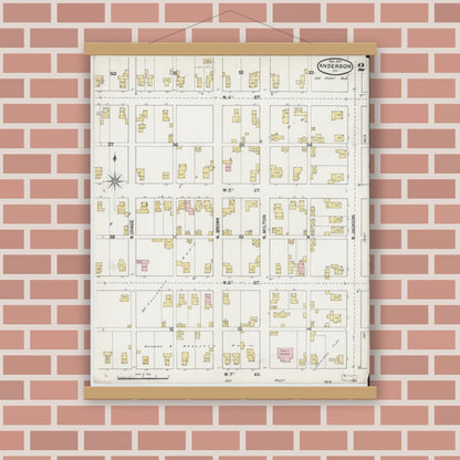 Old map wall art mockup — magnetic wood frame on brick wall — Sanborn Fire Insurance Map from Anderson, Madison County, Indiana (1890), Sheet #0002