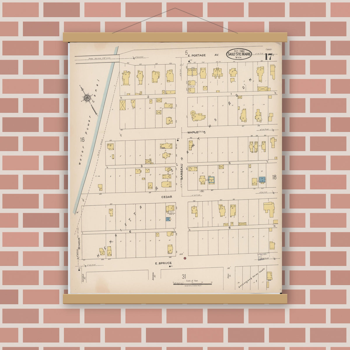 Old map wall art mockup — magnetic wood frame on brick wall — Sanborn Fire Insurance Map from Sault Sainte Marie, Chippewa County, Michigan (1922), Sheet #0017