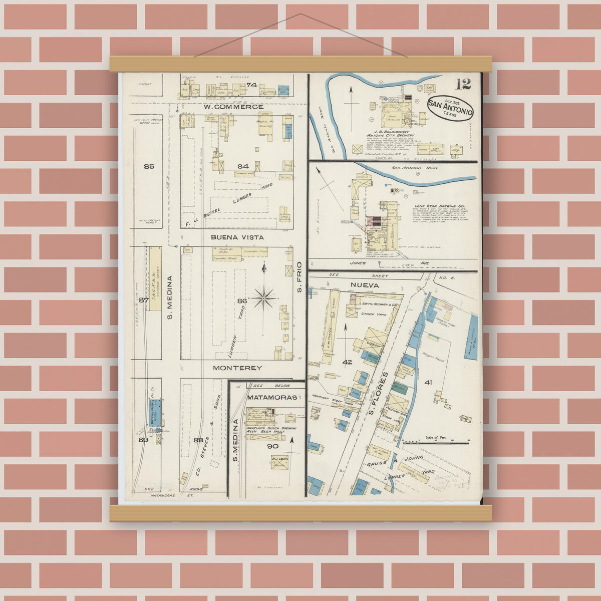 Old map wall art mockup — magnetic wood frame on brick wall — Sanborn Fire Insurance Map from San Antonio, Bexar County, Texas (1885), Sheet #0012