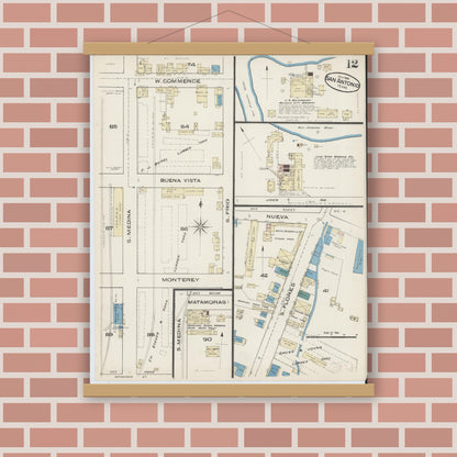 Old map wall art mockup — magnetic wood frame on brick wall — Sanborn Fire Insurance Map from San Antonio, Bexar County, Texas (1885), Sheet #0012