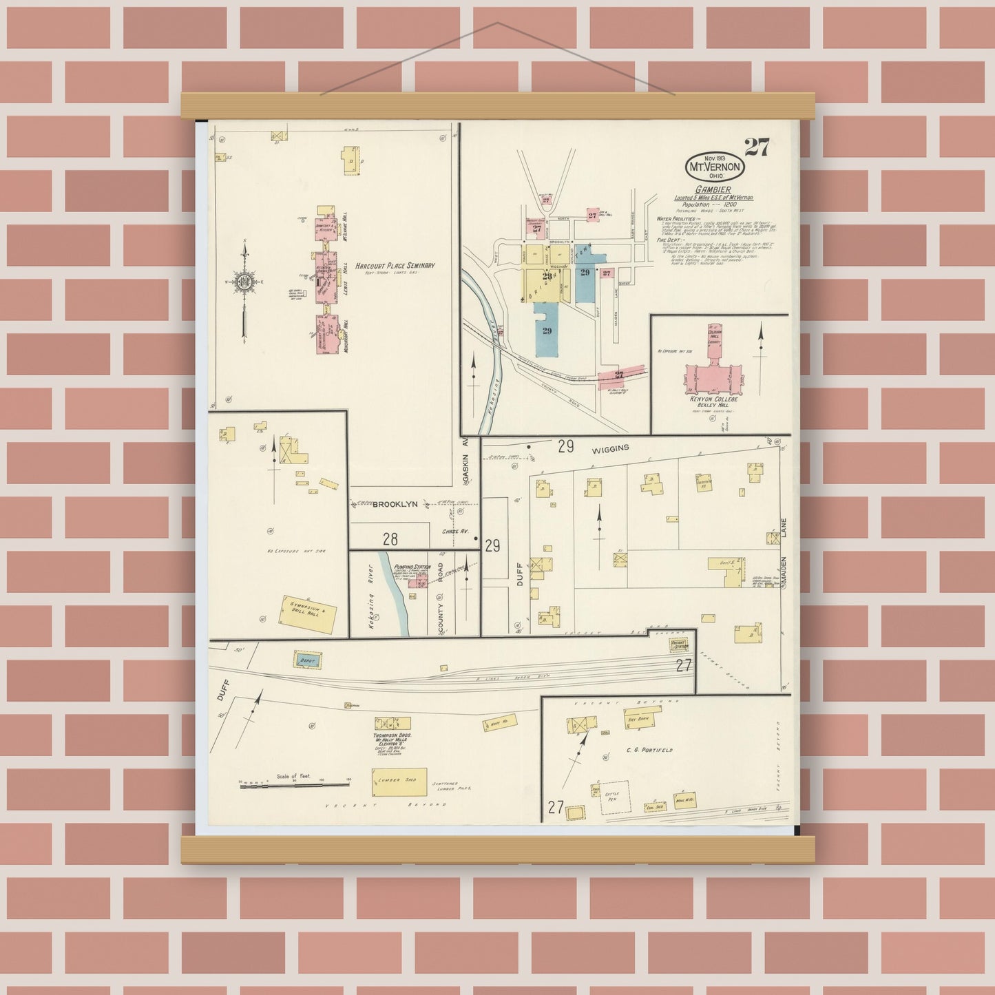 Old map wall art mockup — magnetic wood frame on brick wall — Sanborn Fire Insurance Map from Mount Vernon, Knox County, Ohio (1913), Sheet #0027