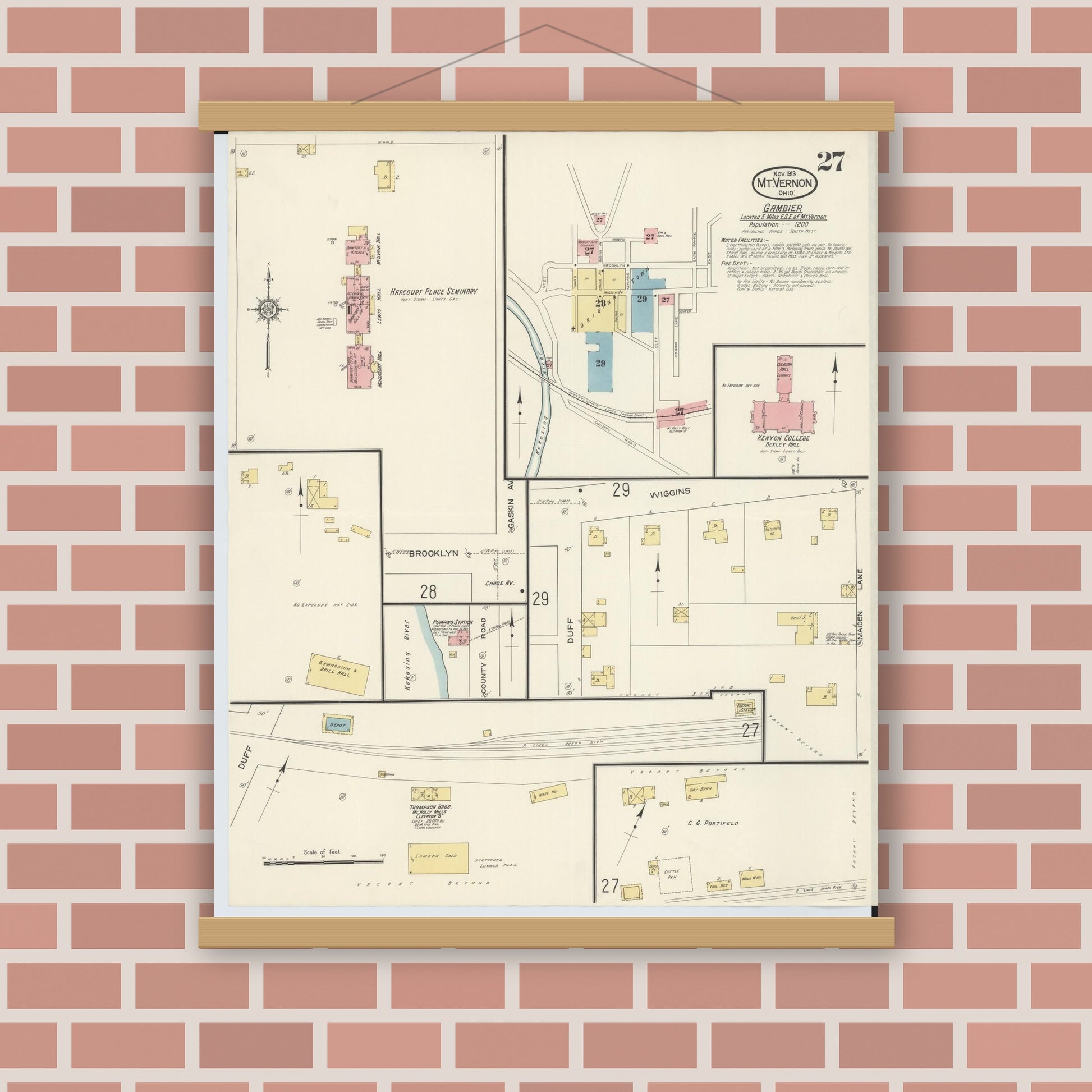 Old map wall art mockup — magnetic wood frame on brick wall — Sanborn Fire Insurance Map from Mount Vernon, Knox County, Ohio (1913), Sheet #0027