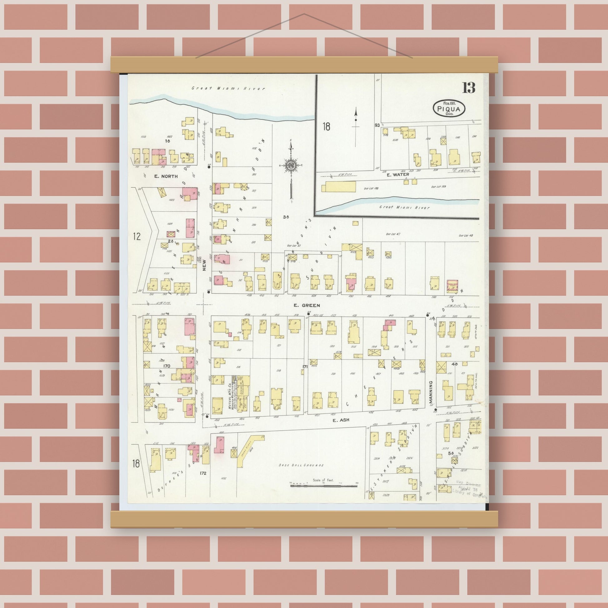 Old map wall art mockup — magnetic wood frame on brick wall — Sanborn Fire Insurance Map from Piqua, Miami County, Ohio (1911), Sheet #0013